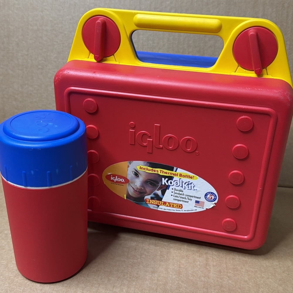 Vintage 90's Retro Igloo Lunch Box Kool Kit Kase Red Blue Yellow W/ Thermos